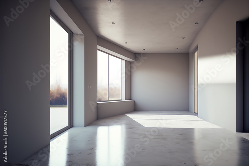 The modern interior of an empty room with large windows Generative AI