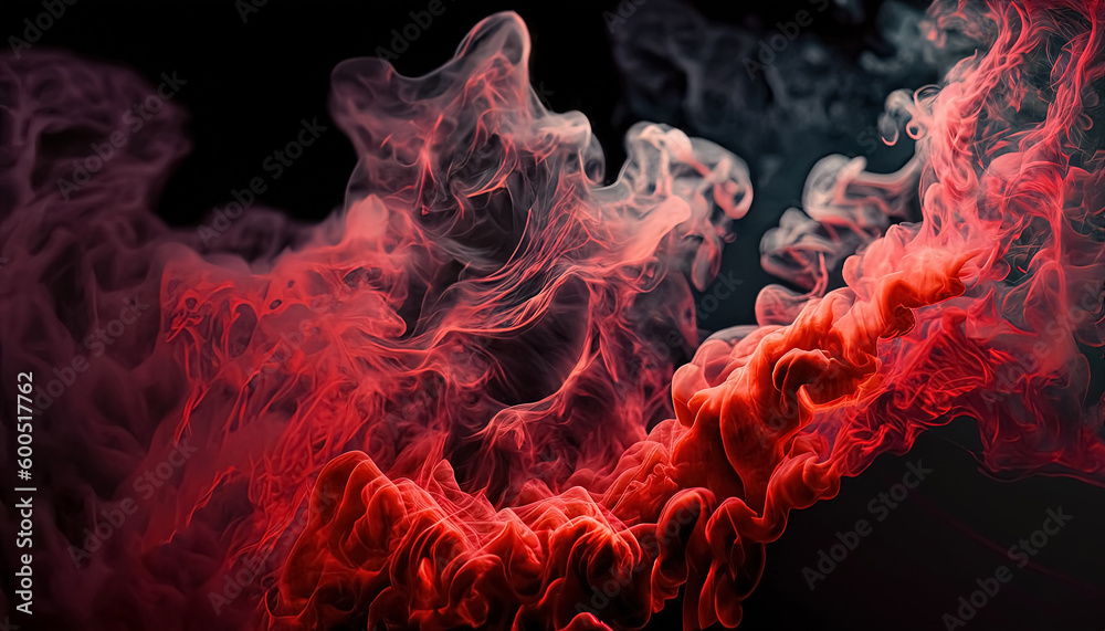 Fototapeta premium Smoke Explosion, Red Glowing Vapor Wave on Dark Black Abstract Art for Backgrounds, Banners, Wallpapers, Posters, and Covers , Generative AI