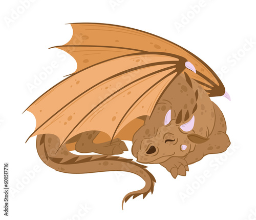 Cartoon sleeping dragon. Cute fantasy reptile, winged magic dragon. Resting fairy dragon flat vector illustration
