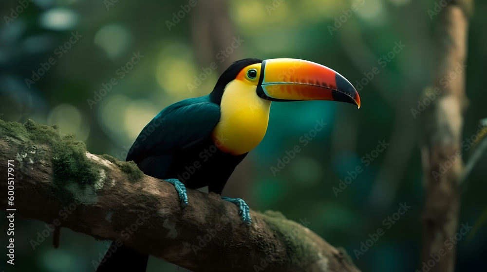 Obraz premium Tropical bird toucan on a tree in the jungle. AI generated.