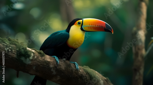 Tropical bird toucan on a tree in the jungle. AI generated.