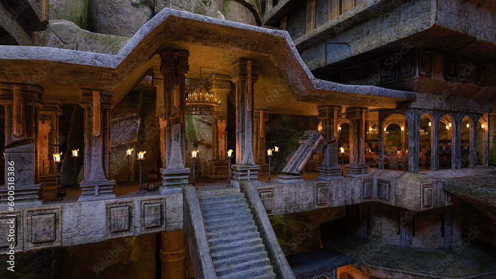 Fantasy underground mine and home of the dwarves lit by burning fire torches. 3D rendering.
