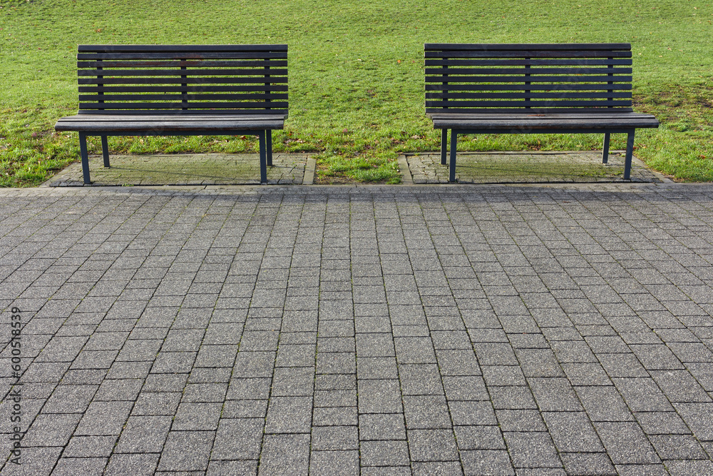 Samotne ławki przy alejce parkowej 
