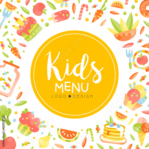 Kids menu banner. Childish food poster, card, invitation, flyer, cover, placard, brochure cartoon vector
