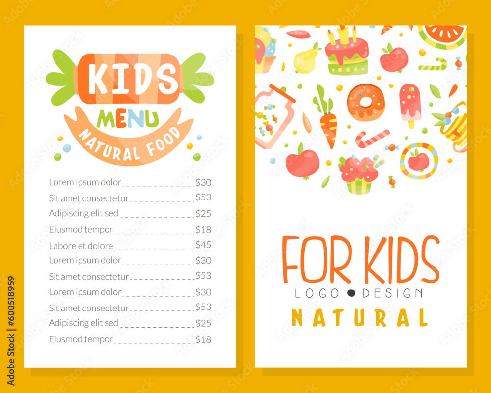 Kids menu natural food. Healthy tasty dishes and desserts for children. Cafe and restaurant menu design cartoon vector