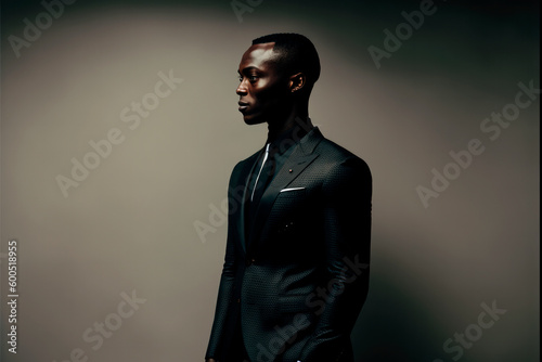 Elegant African Executive: Striking Side Portrait in Dark Studio. Generative Ai