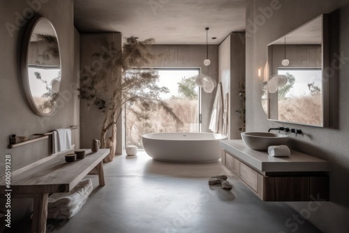Stylish Bathroom with Japandi Aesthetics  Boho-Scandinavian Touches  Freestanding Bathtub  and Soothing Natural Colors..