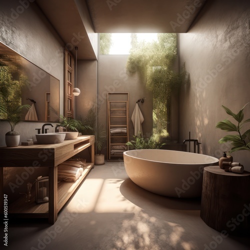 Stylish Bathroom with Japandi Aesthetics  Boho-Scandinavian Touches  Freestanding Bathtub  and Soothing Natural Colors..