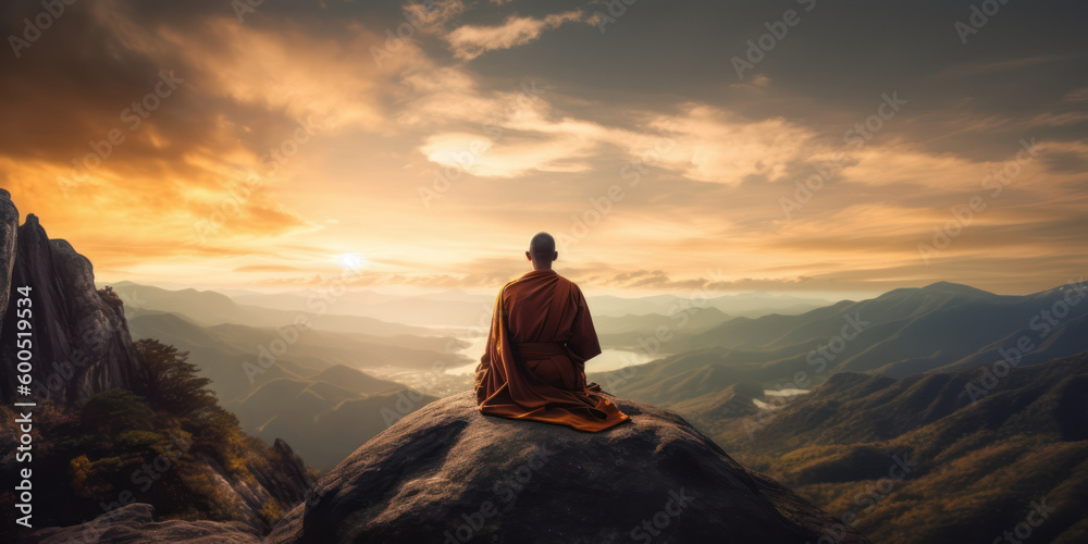 Monk in Meditation on a mountain peak, sunrise colors sky. Buddhism concept. Generative AI