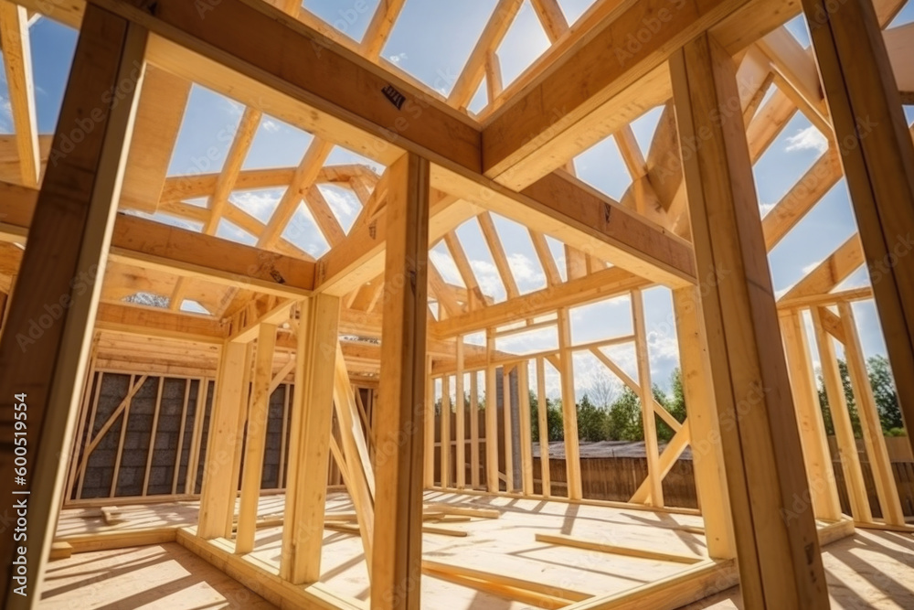 New house under construction. Wooden frame with truss, post and beams. Manufacture of houses made of wood. Created with Generative AI New house under construction. Wooden frame with truss, post and beams. Manufacture of houses made of wood. Created with Generative AI