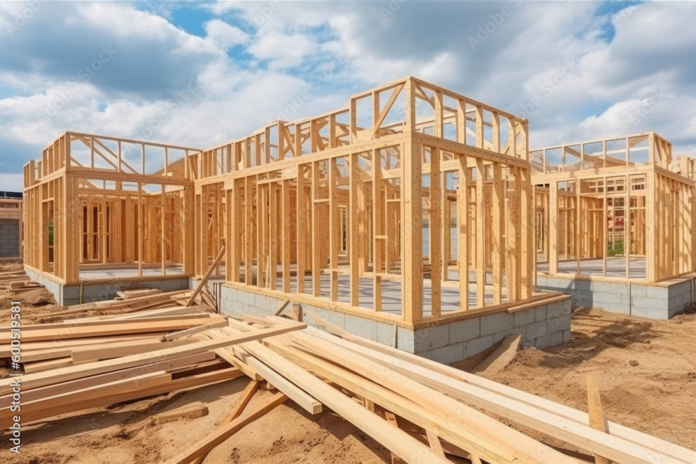 New house under construction. Wooden frame with truss, post and beams. Manufacture of houses made of wood. Created with Generative AI