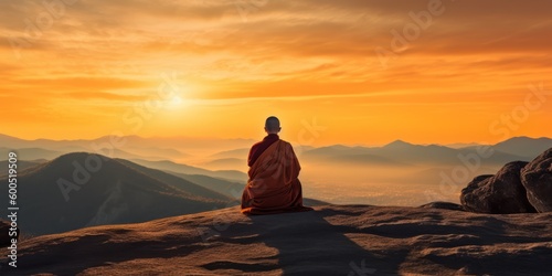 Monk in Meditation on a mountain peak, sunset colors sky. Buddhism and calm in nature concept. Generative AI © Rawf8