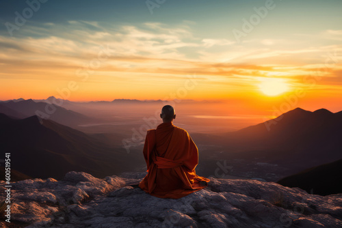 Monk in Meditation on a mountain peak  sunset colors sky. Buddhism and calm in nature concept. Generative AI