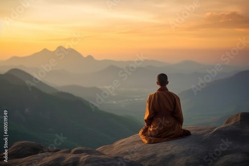 Monk in Meditation on a mountain peak  sunrise colors sky. Buddhism concept. Generative AI