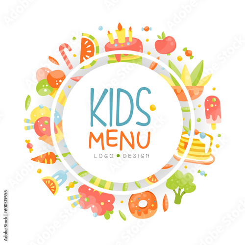 Kids menu banner. Organic healthy tasty dishes and desserts poster, card, invitation, flyer, cover, placard, brochure design cartoon vector
