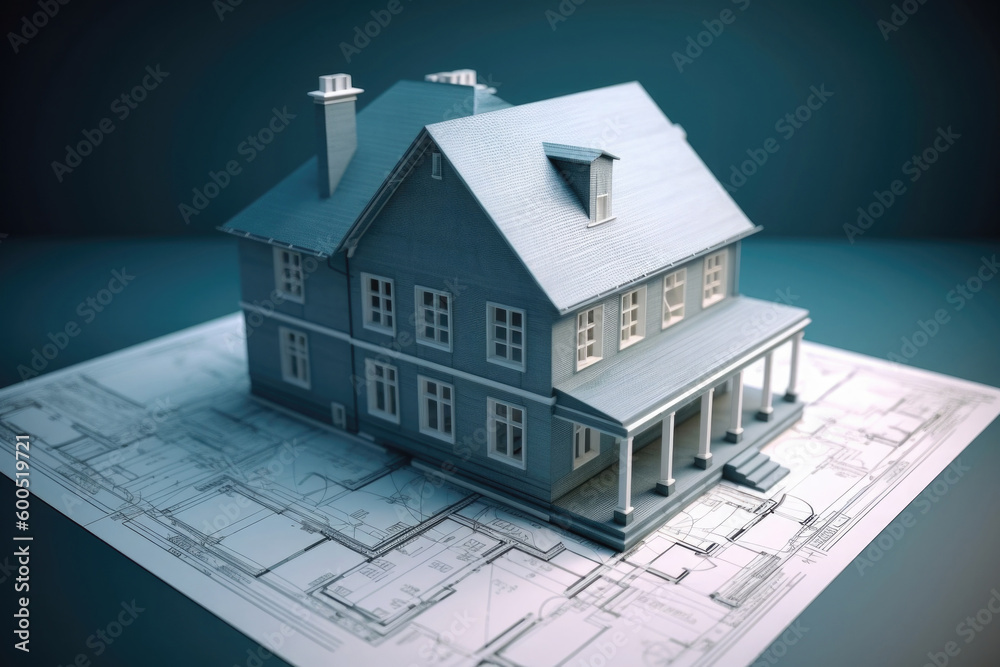 Model of house building standing on architectural plan. Technical project of new house. Drawing for construction. Created with Generative AI Model of house building standing on architectural plan. Technical project of new house. Drawing for construction. Created with Generative AI