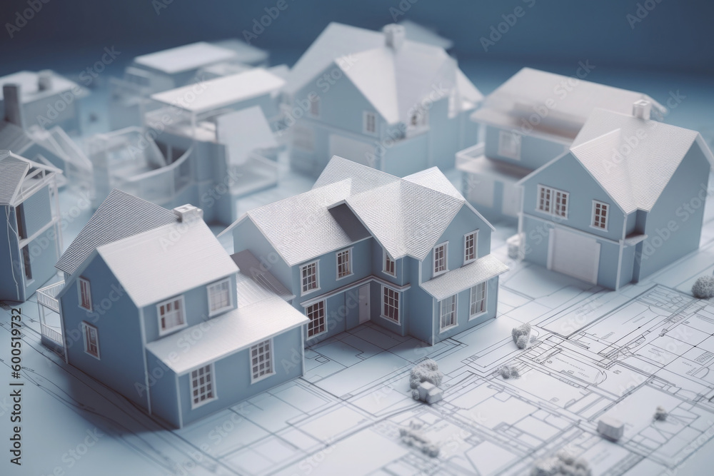 Model of house building standing on architectural plan. Technical project of new house. Drawing for construction. Created with Generative AI Model of house building standing on architectural plan. Technical project of new house. Drawing for construction. Created with Generative AI
