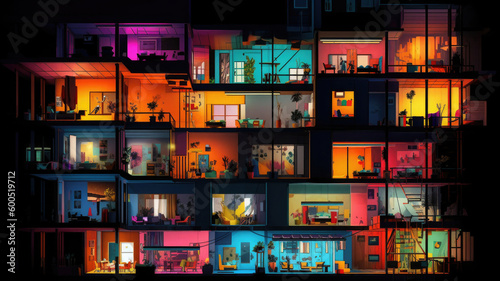 Bright colorful windows pattern at night. Front view facade of residential building with glowing lights in windows and balcony in the dark. Created with Generative AI © Lazy_Bear