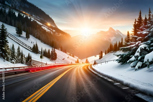 sunset in winter on the road between mountains created with Generative AI technology
