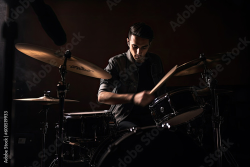 Male drammer using drum stick playing drum kit on dark background. Musician is rehearsing in studio. Created with Generative AI