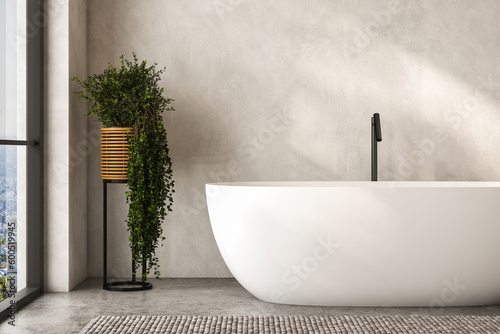 Papier peint Stylish white bathtub on concrete floor with back faucet in bright bathroom, beige and white wall background