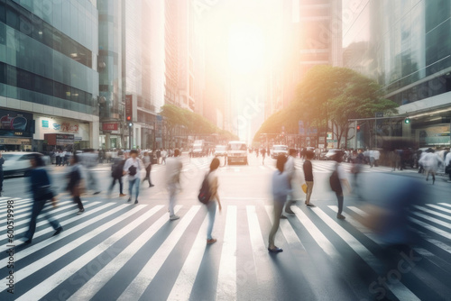 Rush hour in city. Unrecognizable people walking at city street, motion blur effect. Pedestrians at crossroad. Created with Generative AI