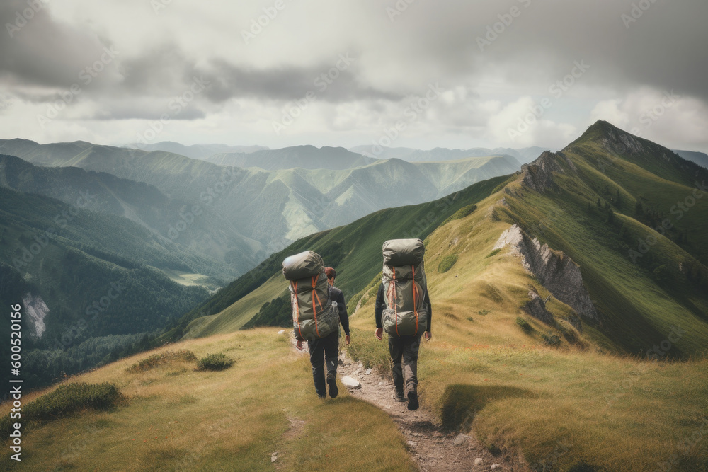 Group of tourist hiking in mountains. Travelers with backpacks in mountains. Adventures and discoveries in nature, outdoor activities. Created with Generative AI