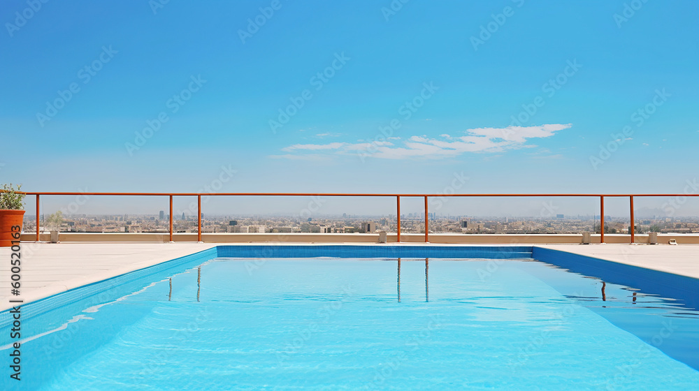 Swimming pool on top of roof deck building. Generative Ai