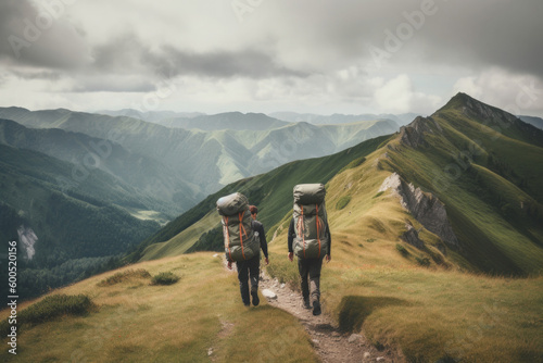 Group of tourist hiking in mountains. Travelers with backpacks in mountains. Adventures and discoveries in nature, outdoor activities. Created with Generative AI