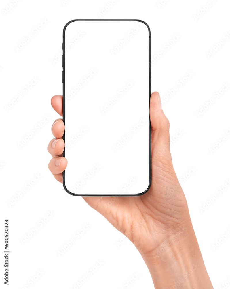 Hand holds smartphone mockup. Mobile phone template with blank screen. Cell phone device isolated on white or transparent background. Hand holds smartphone mockup. Mobile phone template with blank screen. Cell phone device isolated on white or transparent background.