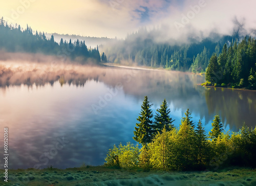 Misty morning scene of Lacu Rosu lake. Foggy summer sunrise in Harghita County, Romania, Europe. AI generated image © Photo Wall