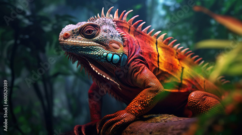 colorful exotic lizard, crazy rainforest iguana creature. Generative Ai © Putra