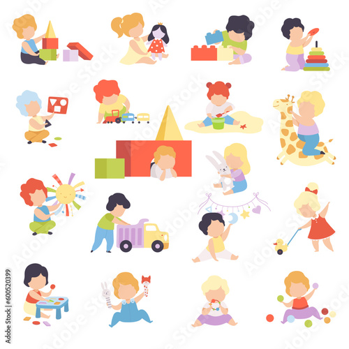 Baby Boy and Girl Playing Toys in Nursery Big Vector Set