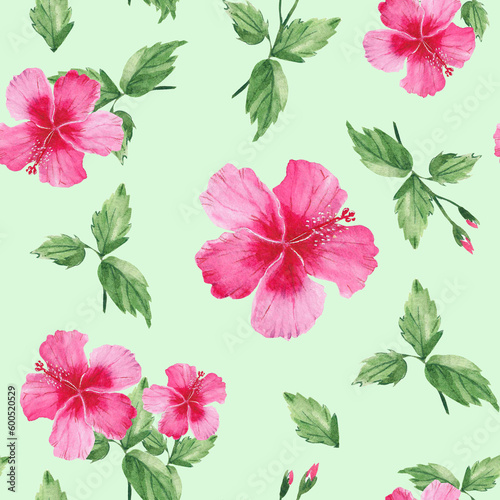 Seamless watercolor pattern with exotic tropical flowers  hibiscus. Botanical illustration isolated on green background. Can be used for fabric prints  gift wrapping paper  kitchen textile.