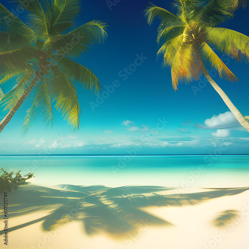 A beautiful landscape  sea sun  beach  and palm trees. Generative AI