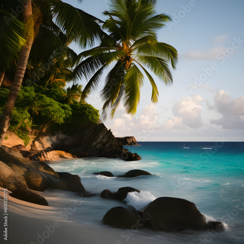 A beautiful landscape, sea sun, beach, and palm trees. Generative AI