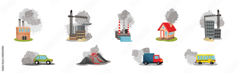 Naklejka premium Air Pollution Sources with Industrial Fume and Toxic Waste Emission Vector Scene Set