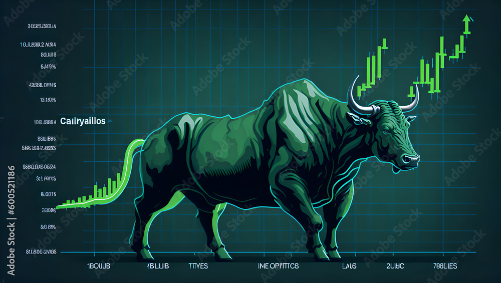 Bull bullish divergence in Stock market and Crypto currency with green graph background.