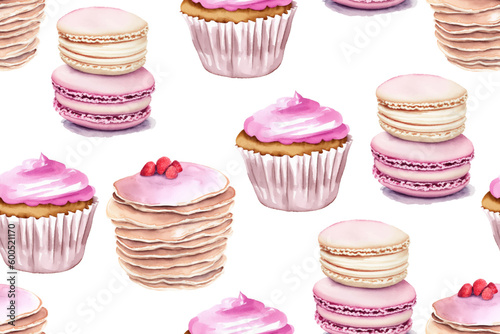 Cupcakes, pancakes sweets and macaroons seamless vector pattern