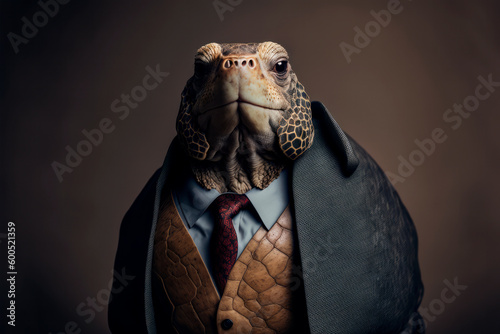 Executive Turtle: A Dapper Reptile in a Dark Studio Portrait. Generative Ai
