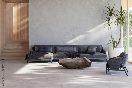 Fototapeta Naklejka Na Ścianę i Meble -  Modern contemporary loft living room with nature view 3d render There are wooden stair plank wall and ceiling and blank concrete wall for copy space decorated with dark gray fabric furniture