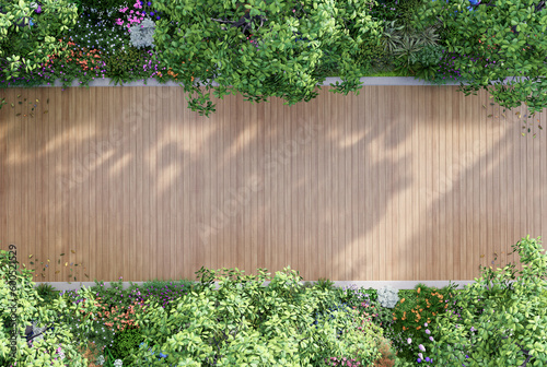 Fototapeta Naklejka Na Ścianę i Meble -  Top view of modern contemporary style empty wooden terrace in colorful flower garden 3d render sunlight to floor