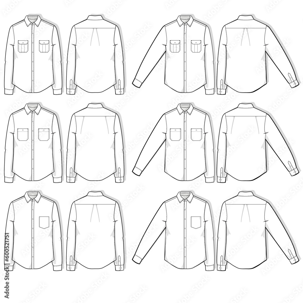 Vector Illustration of a Set of Long Sleeve Button Up Shirts Technical