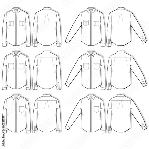 Vector Illustration of a Set of Long Sleeve Button Up Shirts Technical Drawing Flat Apparel Illustration Blank Mock Up CAD Template for Fashion Design Tech Packs
