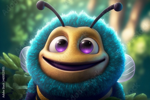 Blue cartoon bee. Cute baby bee. Smiling bee on a green background. Generated by AI
