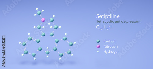 setiptiline molecule, molecular structures, teciptiline, 3d model, Structural Chemical Formula and Atoms with Color Coding photo