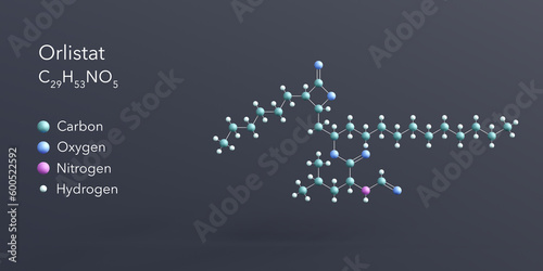 orlistat molecule 3d rendering, flat molecular structure with chemical formula and atoms color coding