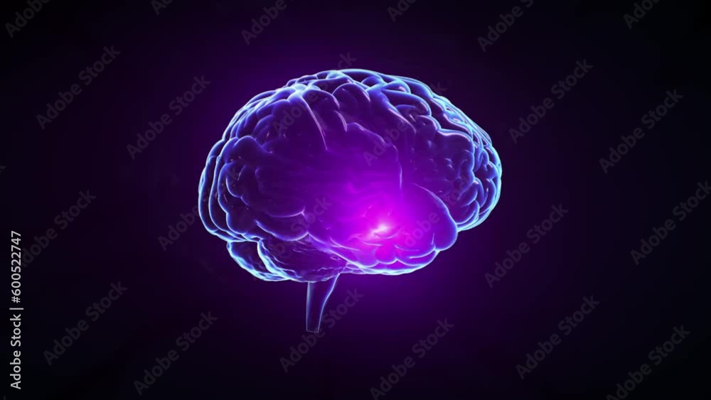 Zoom in from Beautiful Blue Female Eye Blinking to a Black Pupil Opening. Travel Inside the Eye to a rotating Brain with electric Impulses. Futuristic Science Animation.
