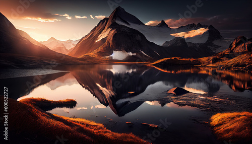 Sunrise on A Mountain Lake Landscape Background AI Generative