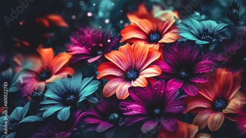 Abstract dark background with flowers, generative AI.